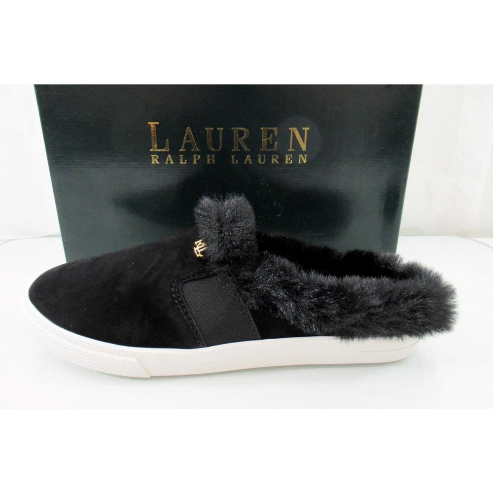 Ralph Lauren Jinny Mules Slip On Sneaker Cozy Faux Fur Trim Suede Black - Picture 2 of 8